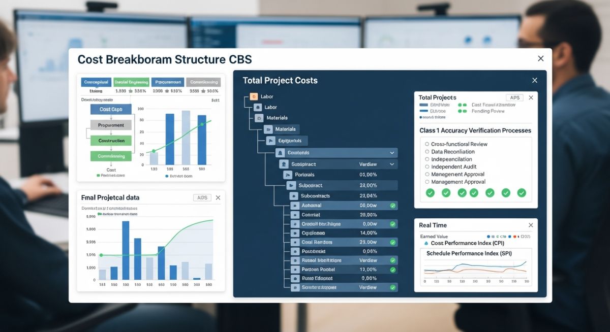 A professional project controls dashboard showing Class 1 cost estimate data, variance analysis, and final budget reconciliation for an industrial facility.