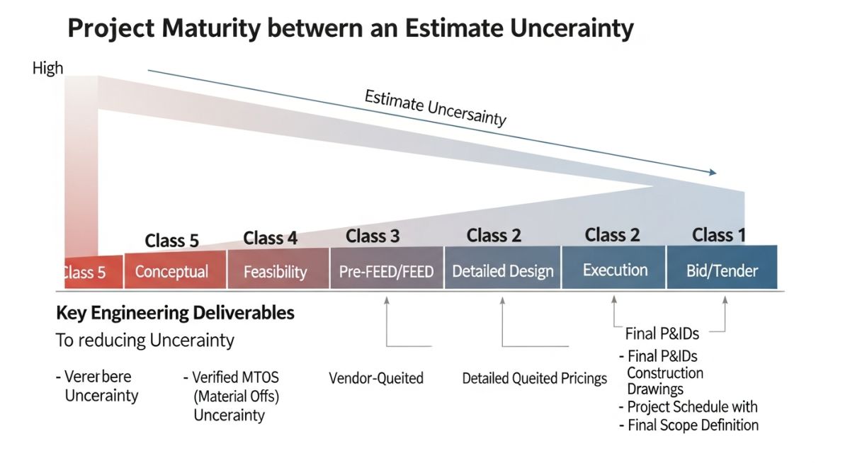 Technical workflow diagram showing the transition from engineering design to Class 1 cost estimation