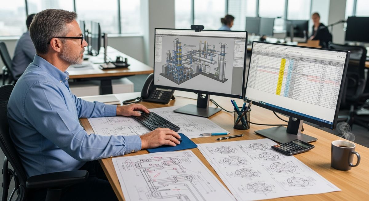 Senior piping engineer analyzing technical drawings and cost data for a Class 2 cost estimate project.