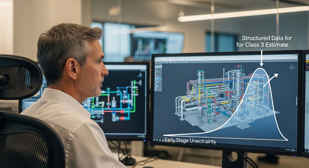 Senior piping engineer analyzing a 3D plant model for a Class 3 cost estimate project.