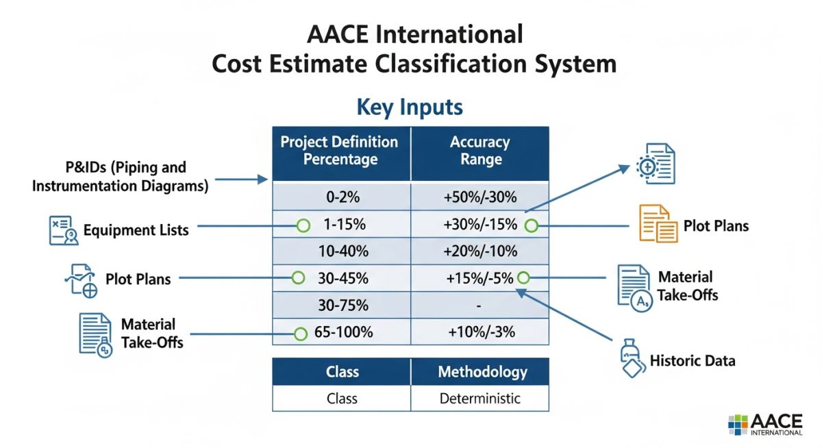AACE International cost estimate classification chart showing Class 3 accuracy ranges.