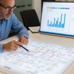 Senior engineer analyzing technical piping diagrams and financial cost estimation data on a modern office desk.