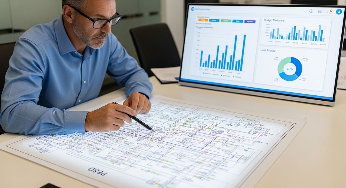 Senior engineer analyzing technical piping diagrams and financial cost estimation data on a modern office desk.