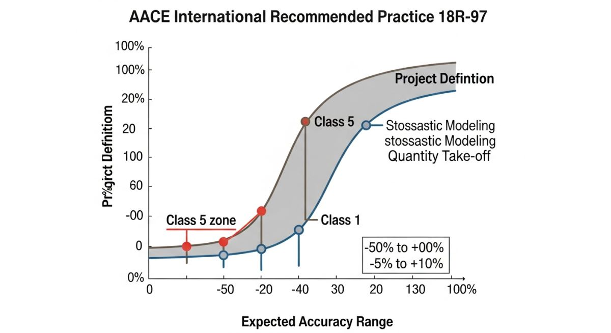 AACE International cost estimate classification matrix showing Class 5 accuracy ranges.