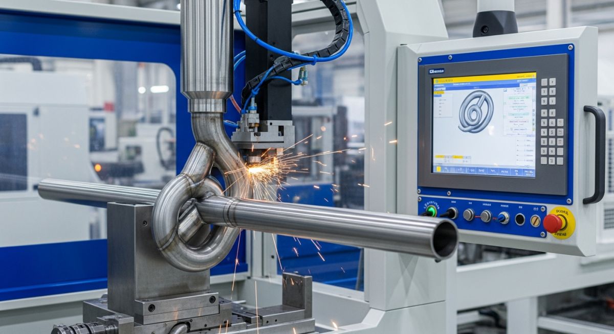CNC tube bending machine forming a stainless steel pipe in a manufacturing facility