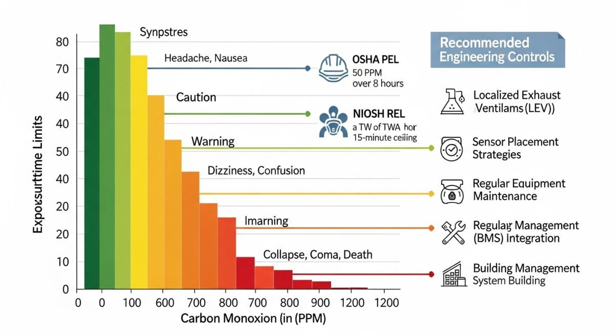 Technical infographic showing CO exposure limits and sensor placement logic