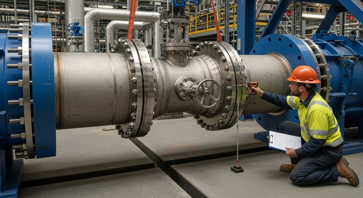Field engineer measuring the cold pull gap on a large diameter industrial piping spool before final flange bolting.