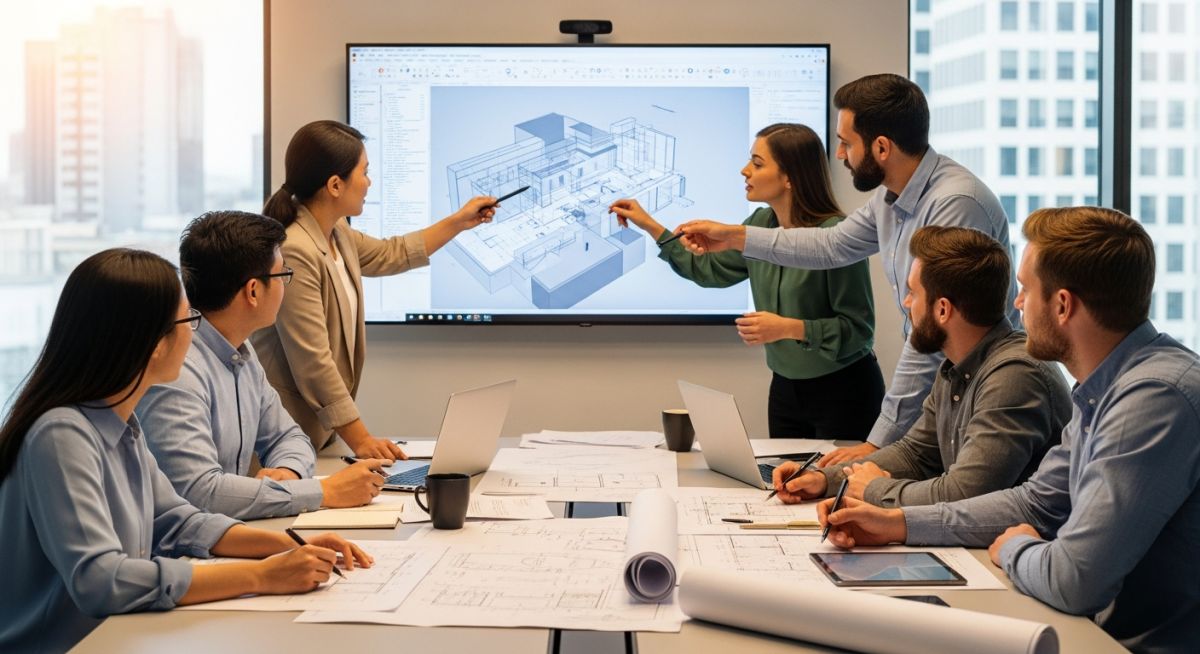 Engineers collaborating during a design review process meeting with CAD models and blueprints.
