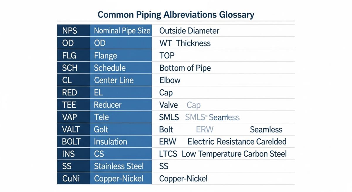 Common piping abbreviations chart for engineering drawings