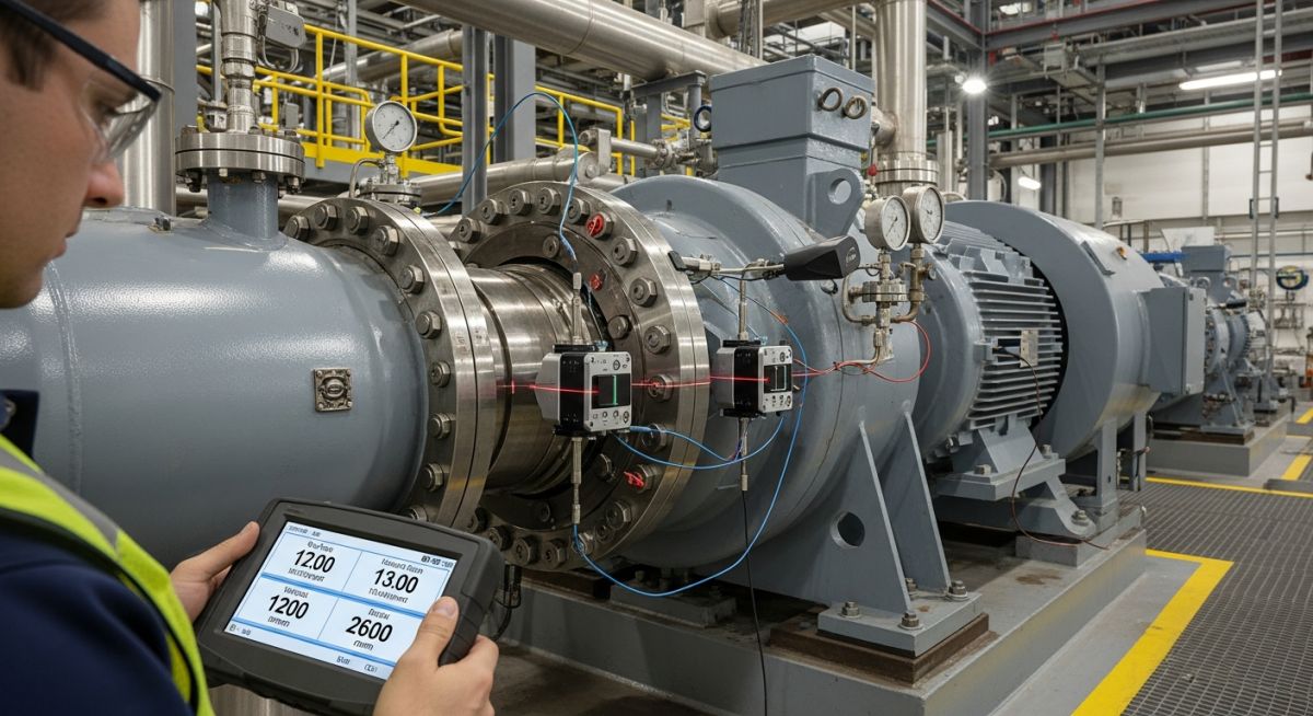 Technician performing laser shaft alignment on a large industrial compressor and driver train in a refinery setting.
