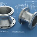 Side-by-side comparison of a metallic concentric pipe reducer and an eccentric pipe reducer on an engineering blueprint.