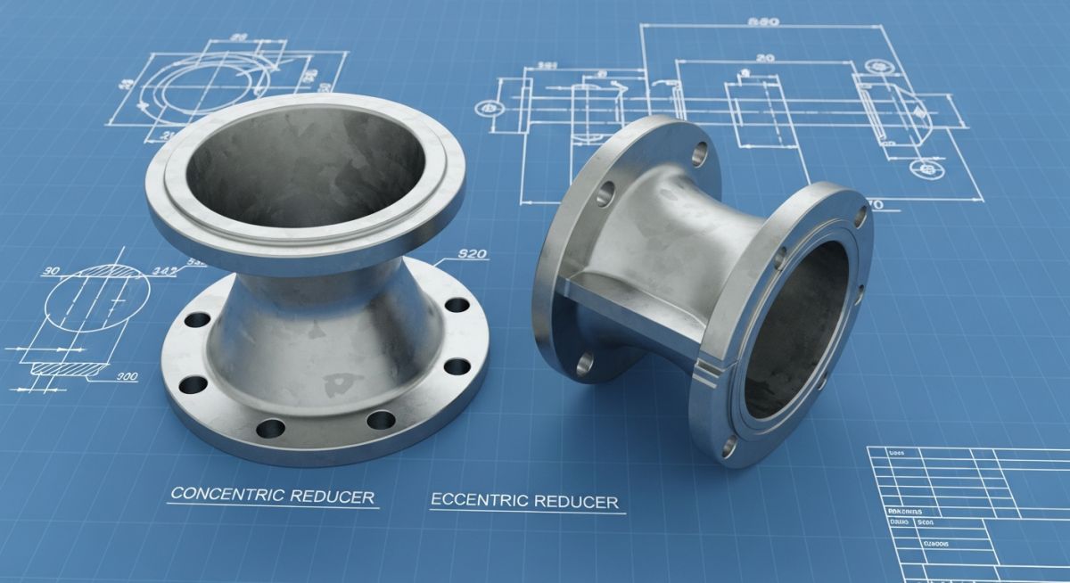 Side-by-side comparison of a metallic concentric pipe reducer and an eccentric pipe reducer on an engineering blueprint.