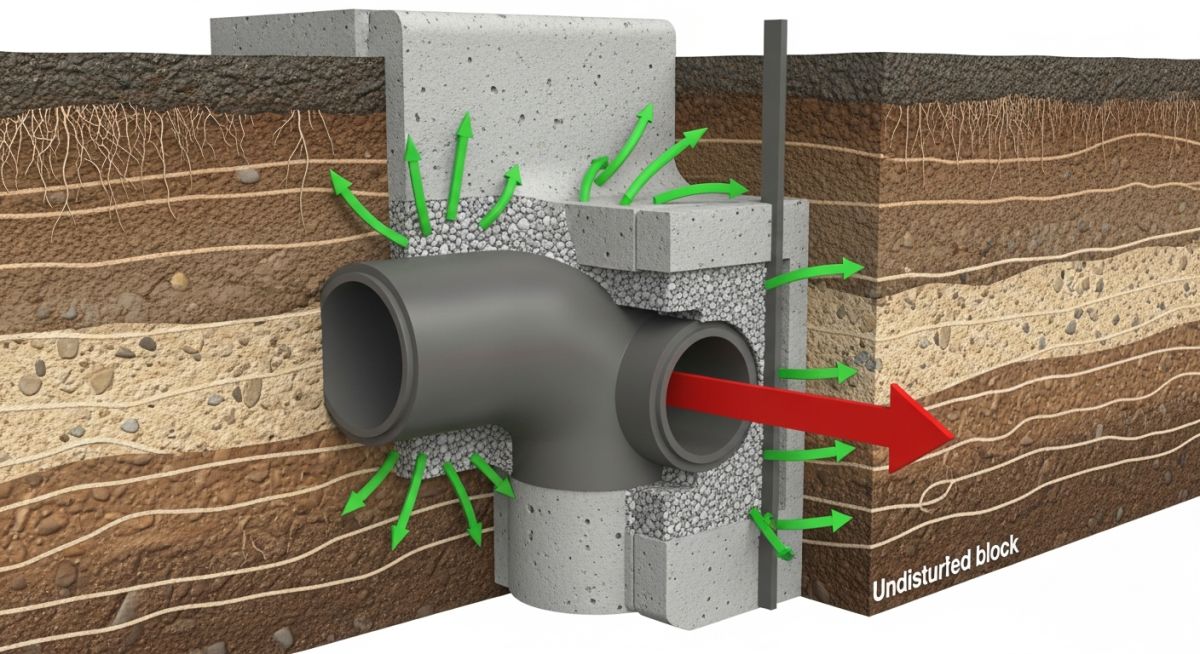 Concrete thrust block installed at a pipeline elbow to resist hydraulic thrust forces.