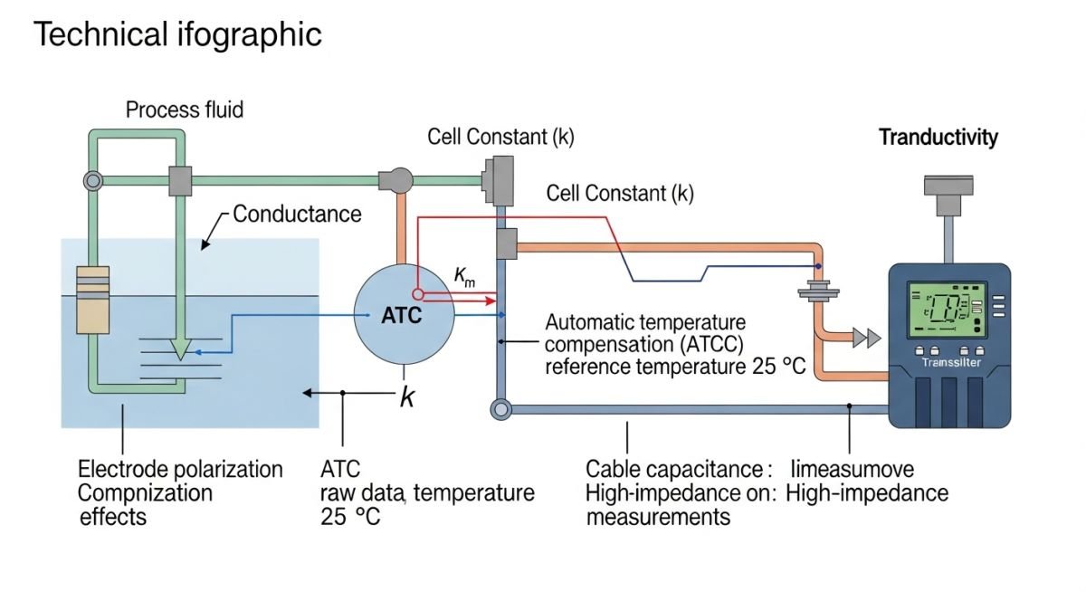 Technical diagram showing the relationship between electrode spacing, surface area, and cell constant