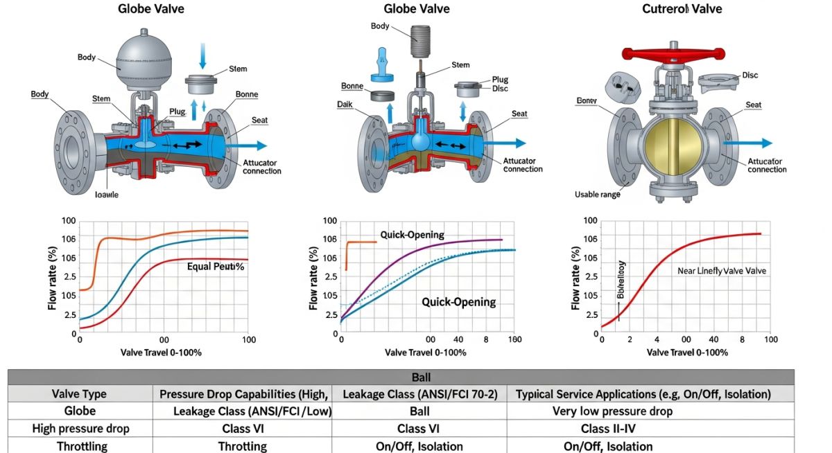 Technical comparison chart of globe, ball, and butterfly valve flow characteristics
