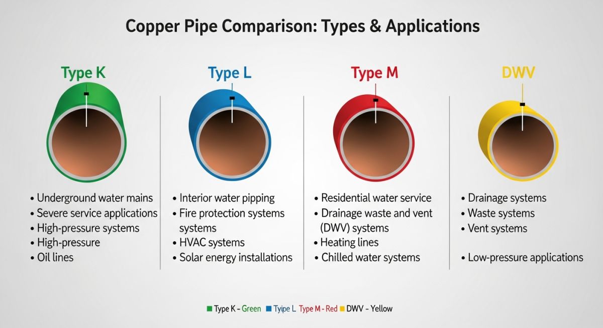 Copper pipe types comparison chart infographic showing Type K, L, and M wall thicknesses