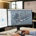 Senior piping engineer analyzing 3D plant design models alongside real-time project cost estimation software on dual monitors.