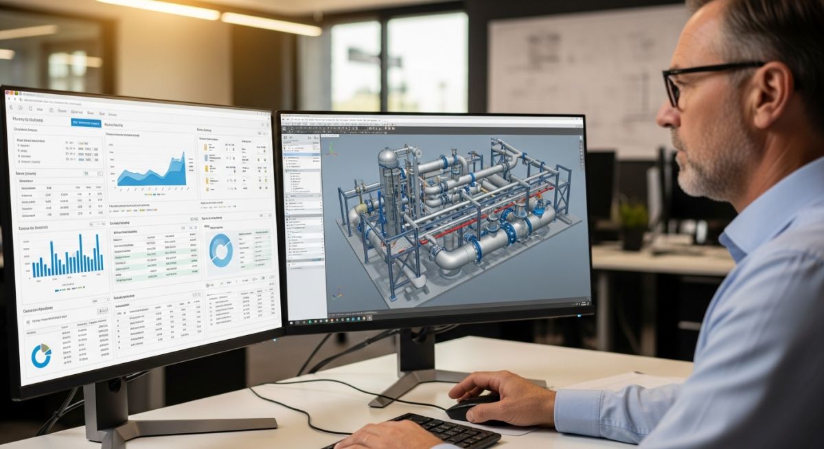 Senior piping engineer analyzing 3D plant design models alongside real-time project cost estimation software on dual monitors.