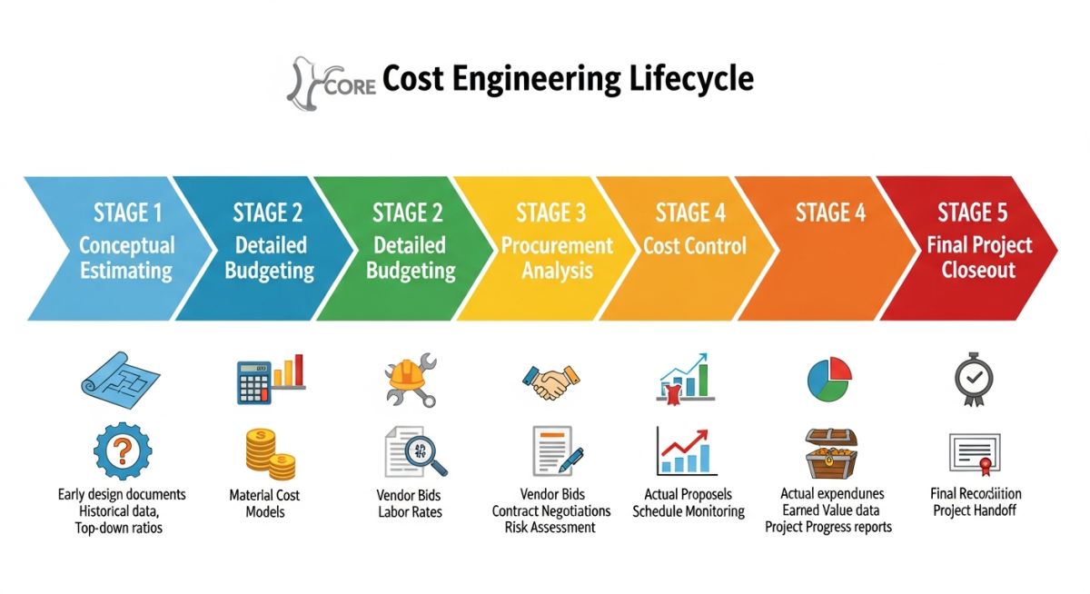 Diagram showing the cost engineering lifecycle from concept to decommissioning