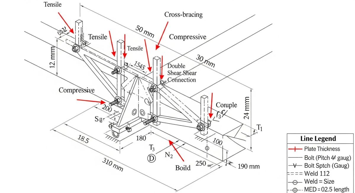 Technical schematic of a cross-bracing connection detailing Whitmore width and weld lines