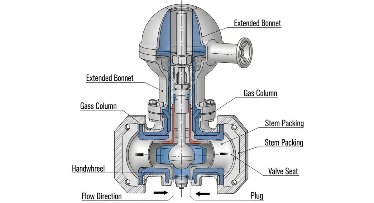 Cross-section diagram of a cryogenic valve showing extended bonnet and gas column