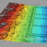3D engineering model showing cut and fill optimization for industrial site grading and earthwork balancing.