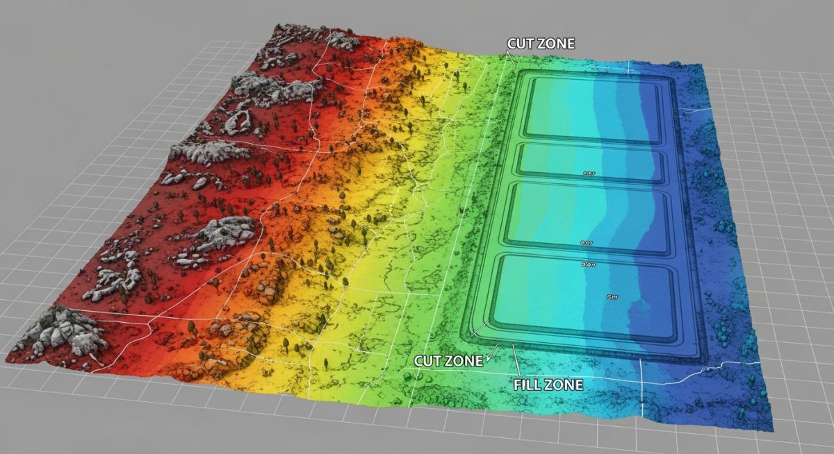 3D engineering model showing cut and fill optimization for industrial site grading and earthwork balancing.
