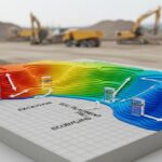 3D topographical site model showing color-coded cut and fill zones for civil engineering earthworks planning.