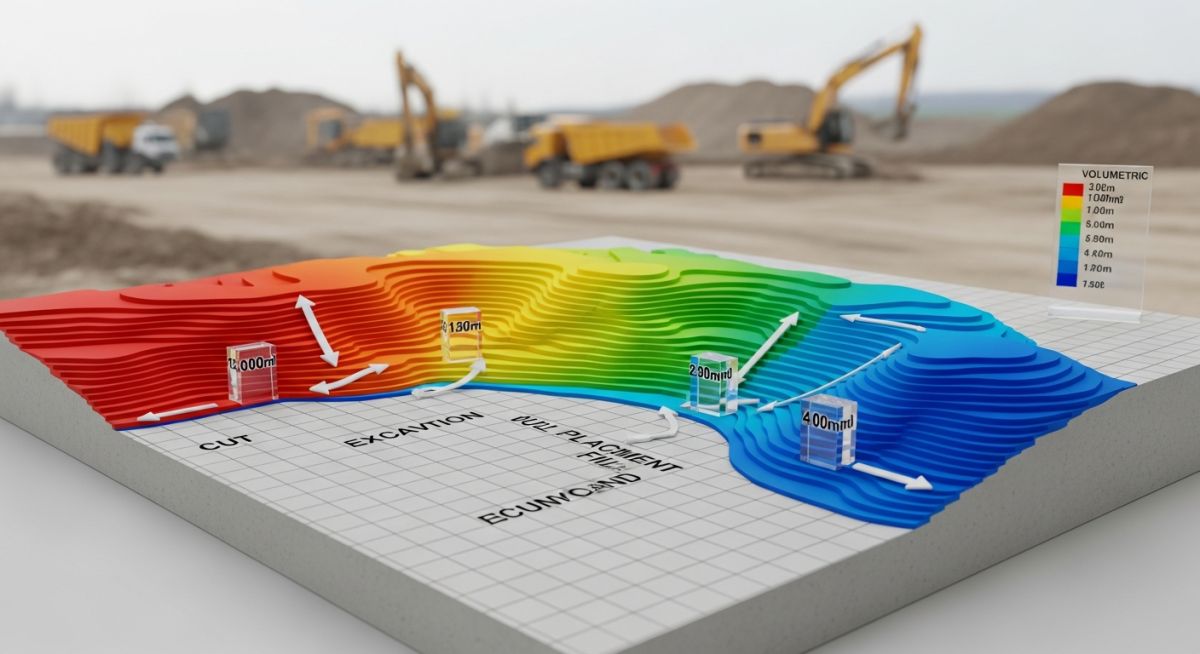 3D topographical site model showing color-coded cut and fill zones for civil engineering earthworks planning.