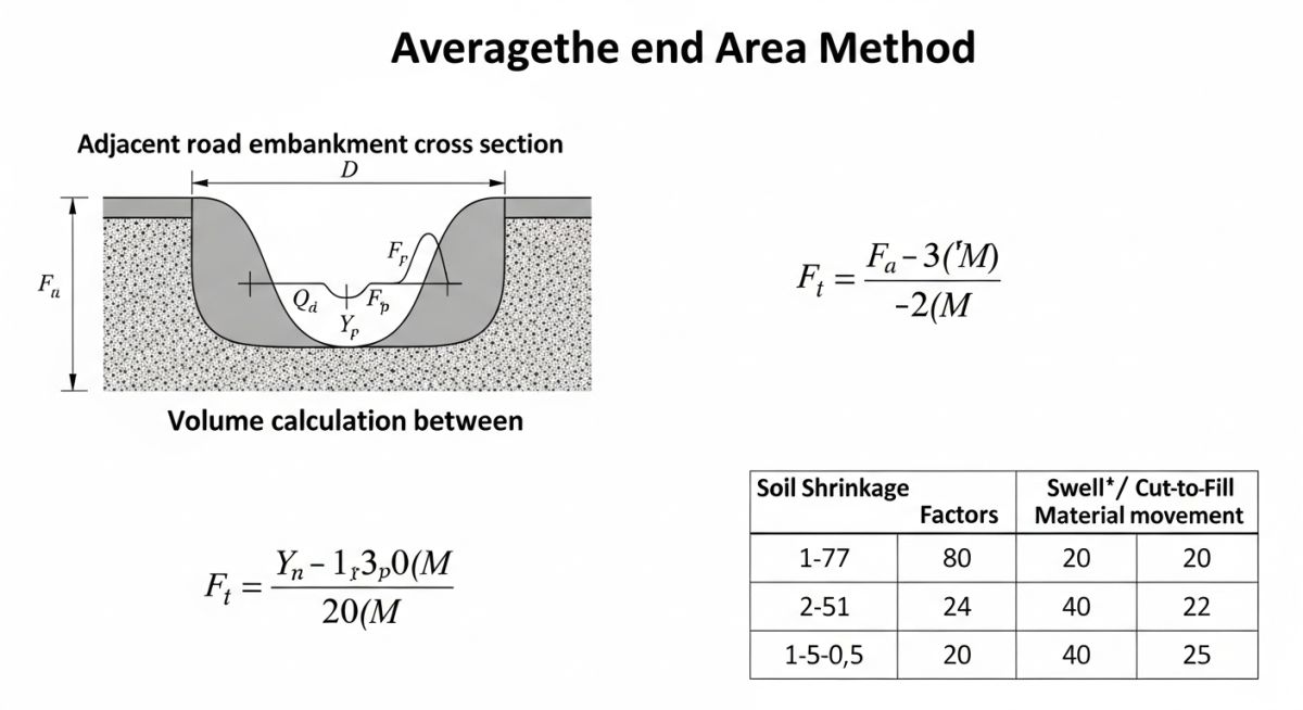 Technical infographic showing the Average End Area method for earthwork volume calculations.