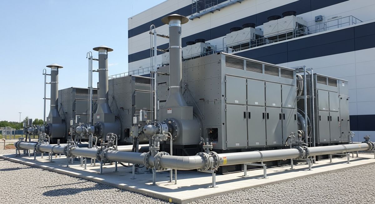 Industrial backup generators for data centres installed in a secure, sound-attenuated outdoor enclosure with visible exhaust and fuel infrastructure.