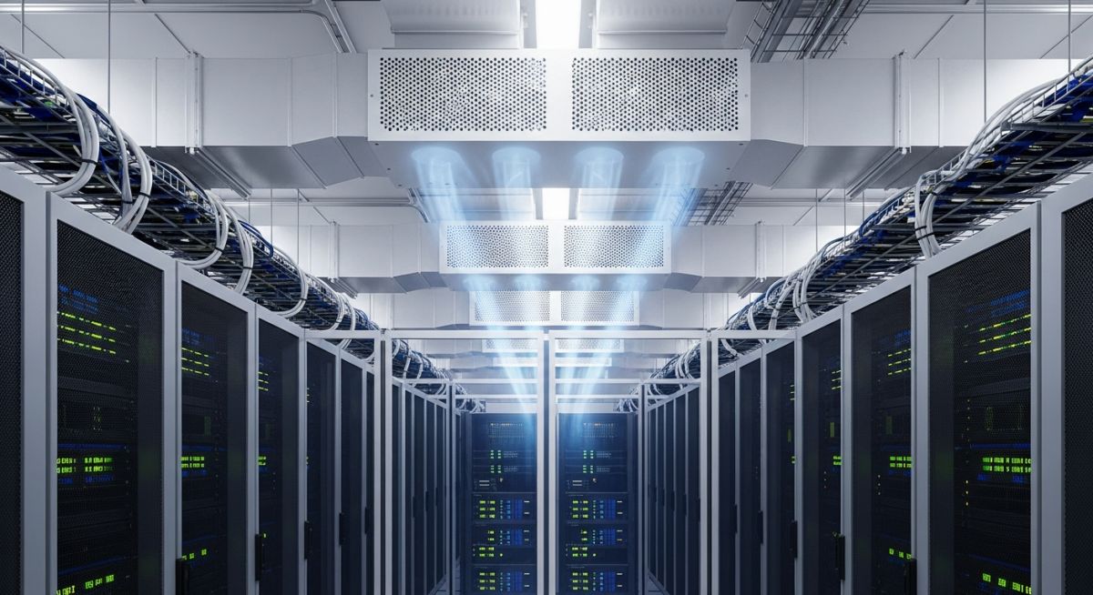 Modern data centre aisle with cold-aisle containment and precision cooling infrastructure for high-density server racks.