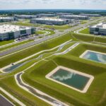 Aerial view of a data centre site showcasing perimeter drainage systems, detention basins, and site grading for flood prevention.