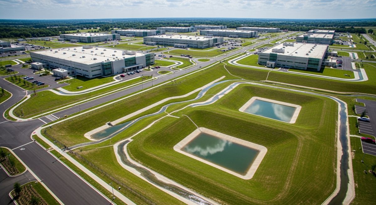 Aerial view of a data centre site showcasing perimeter drainage systems, detention basins, and site grading for flood prevention.