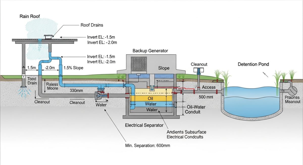 Technical diagram showing site grading, detention basins, and drainage pipe network for a data centre