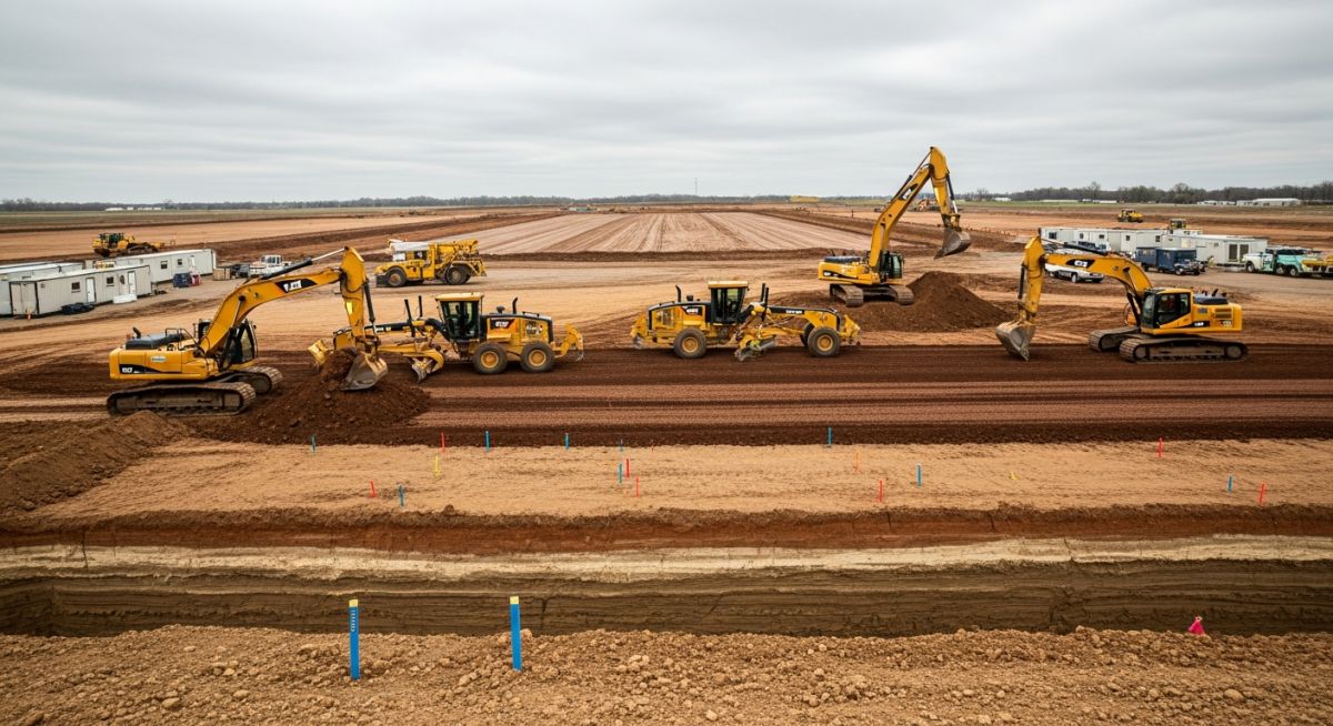 Heavy machinery performing precise site grading and earthwork for a large-scale data centre construction project.