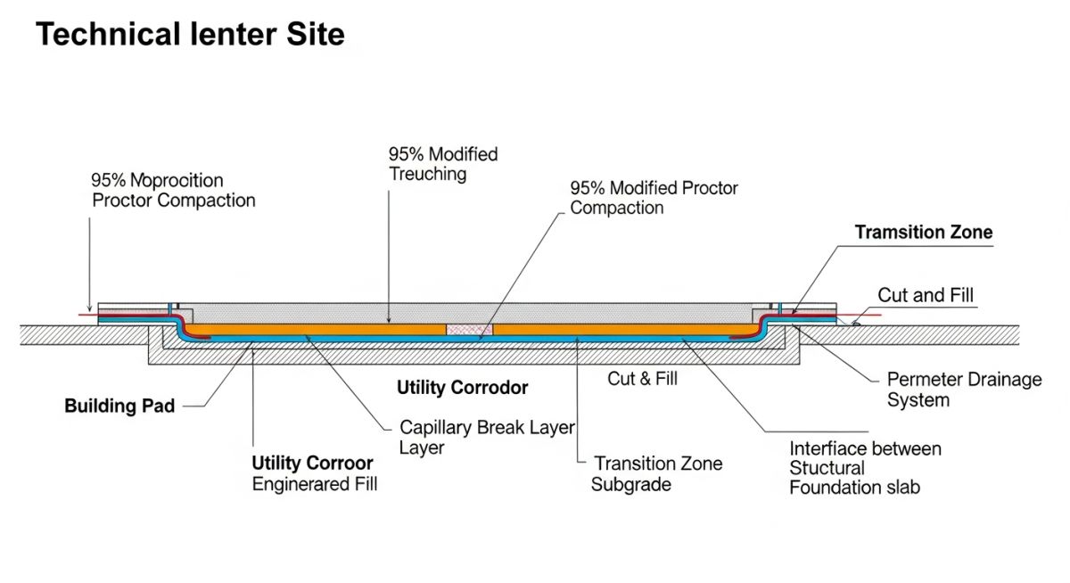 Technical cross-section diagram of data centre foundation soil compaction and drainage layers.