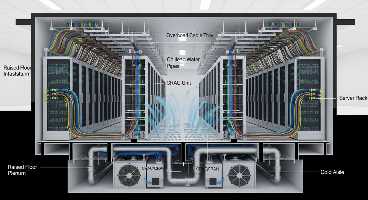 Cross-sectional engineering diagram of a modern high-density data centre showing cooling and power infrastructure.