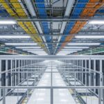 Modern data centre facility floor with organized server racks, overhead cable management, and cold-aisle containment systems.