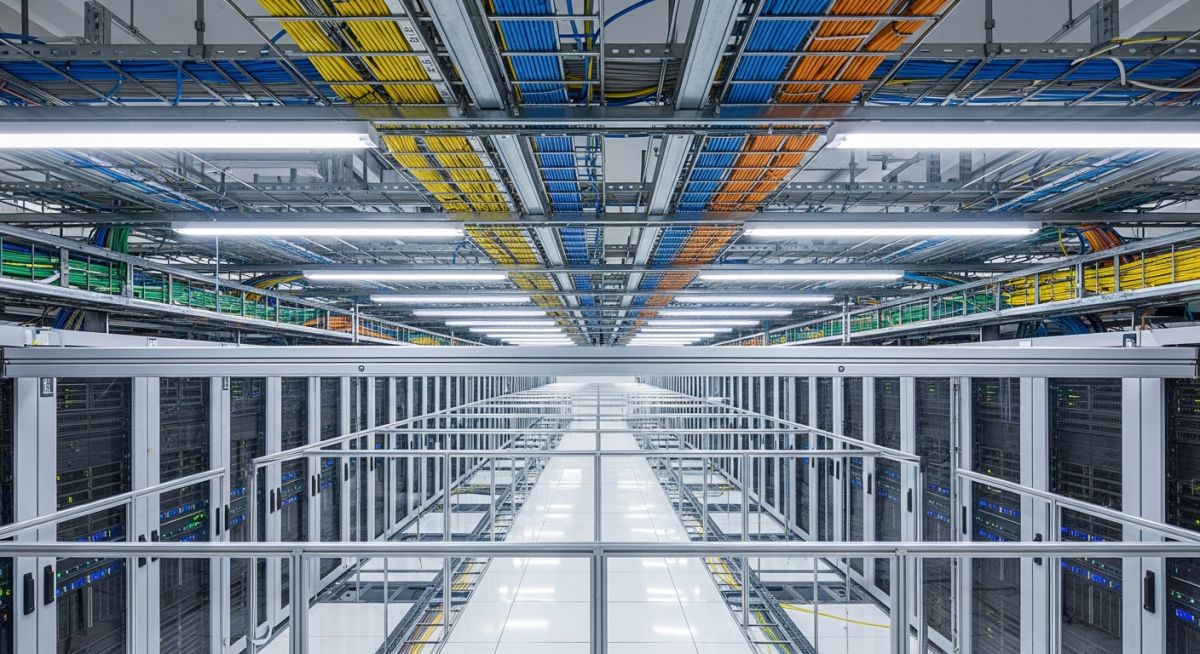 Modern data centre facility floor with organized server racks, overhead cable management, and cold-aisle containment systems.