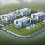 Isometric engineering rendering of a data centre campus featuring flood protection barriers and elevated utility infrastructure for disaster resilience.