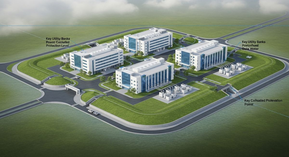 Isometric engineering rendering of a data centre campus featuring flood protection barriers and elevated utility infrastructure for disaster resilience.
