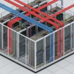 Isometric view of a modern data centre floor showing server racks, cooling units, and power distribution infrastructure for energy efficiency analysis.