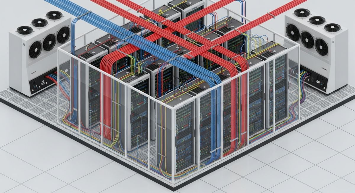 Isometric view of a modern data centre floor showing server racks, cooling units, and power distribution infrastructure for energy efficiency analysis.