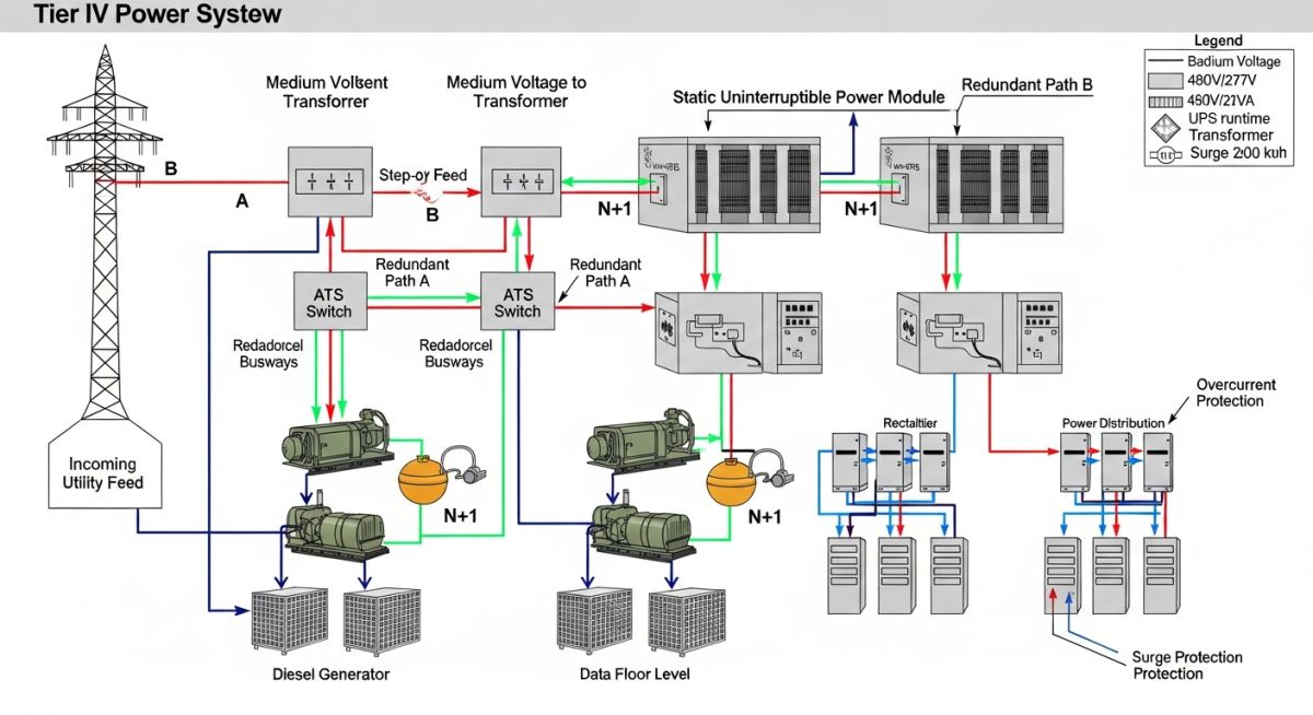 Technical schematic showing redundant power flow in a data centre
