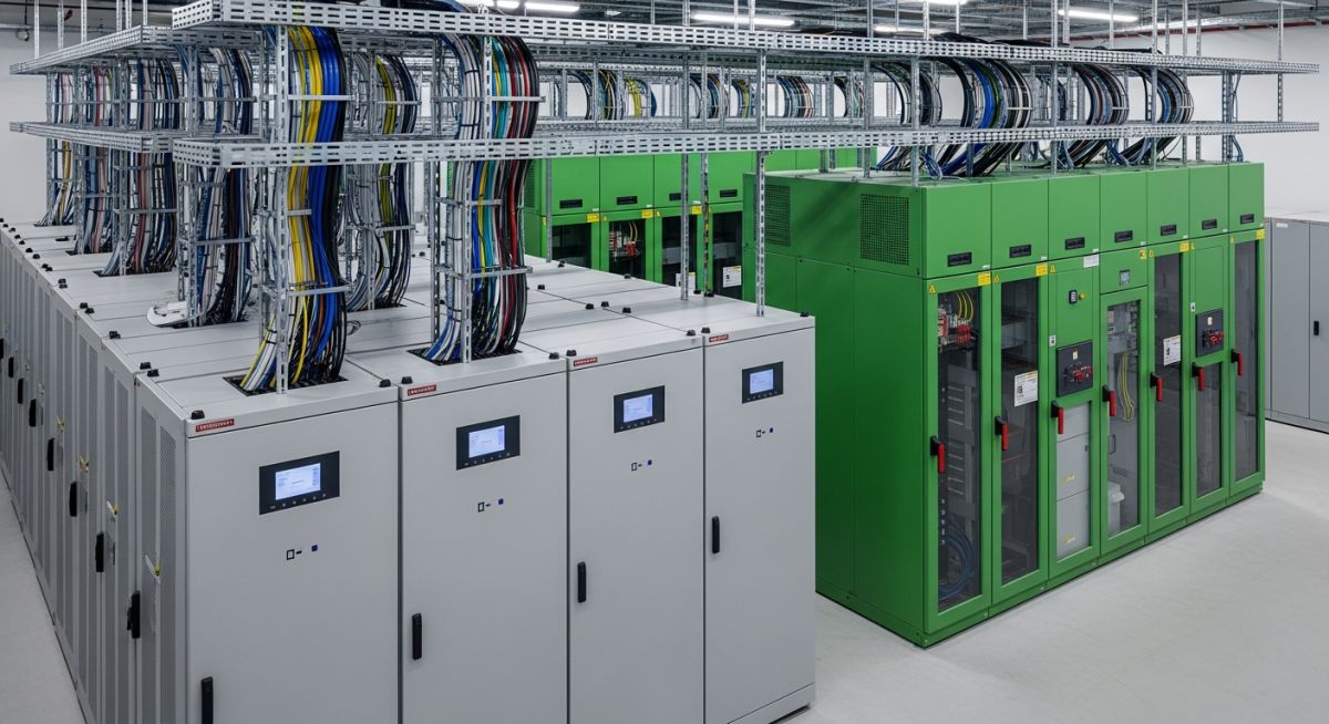 Professional view of high-voltage switchgear and modular UPS systems inside a modern data centre electrical room.