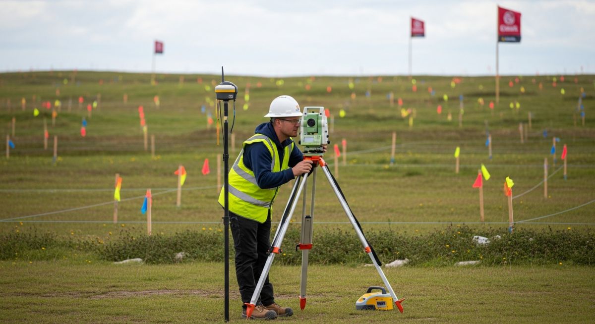 Professional surveyor using a Total Station on a large data centre construction site for topographical mapping.