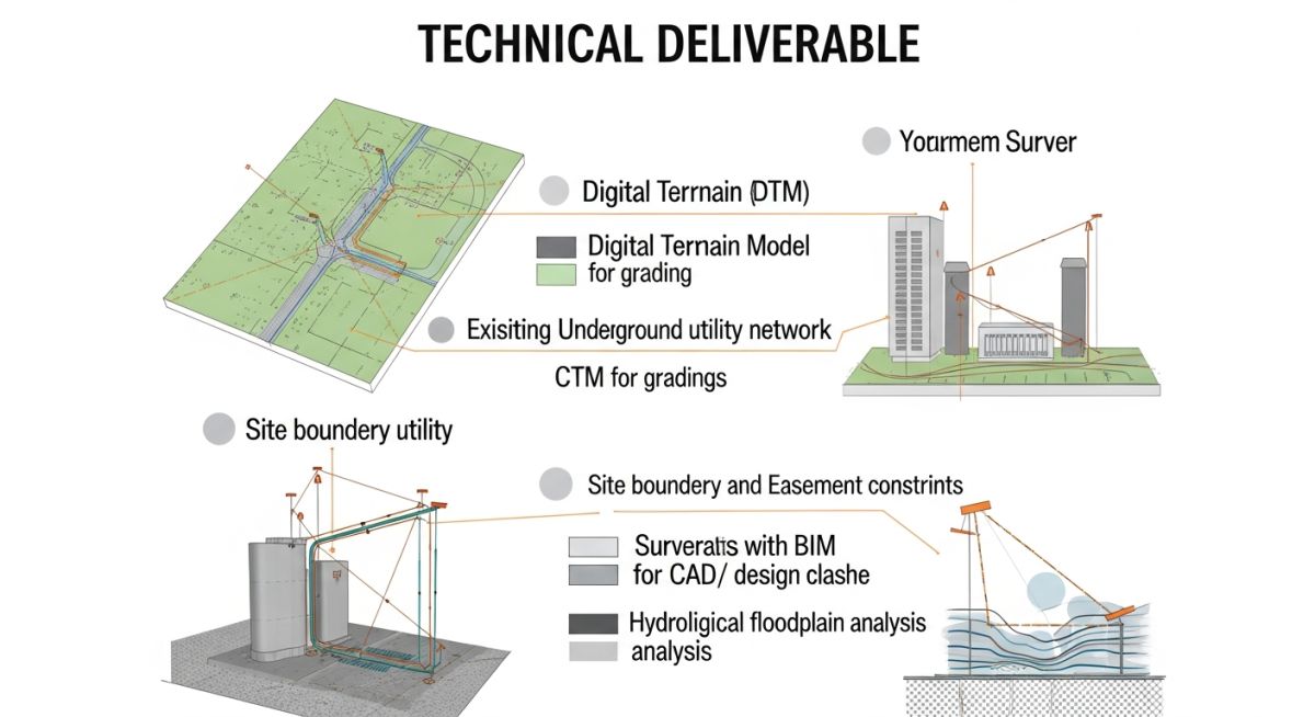Technical infographic detailing the essential layers of a topographical survey for data centre site development.
