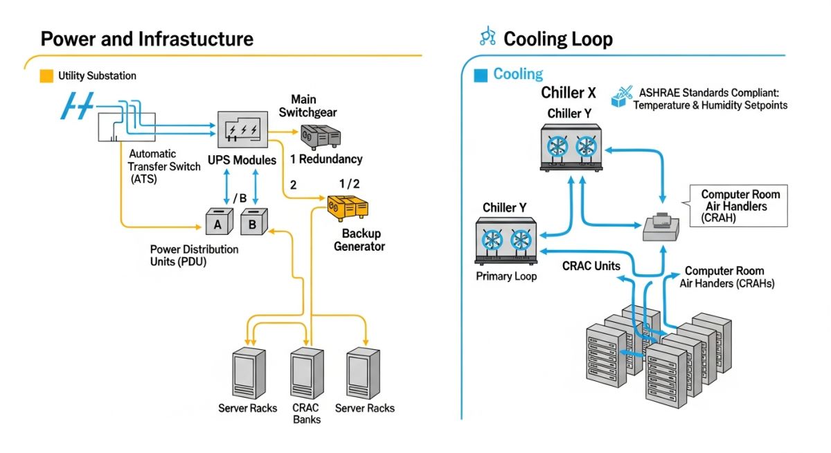 Technical schematic of data centre cooling and power distribution systems.