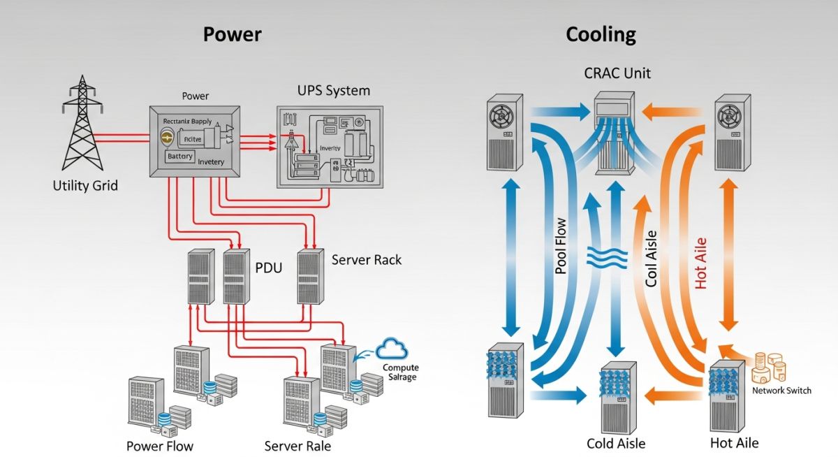 Technical schematic of data centre cooling and power distribution systems.